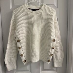 Tommy Hilfiger white cable knit sweater with side buttons size medium